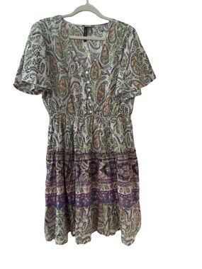 Cassee's Boho Paisley Tiered Midi Dress V-Neck Flutter Sleeve Rayon Purple XL
